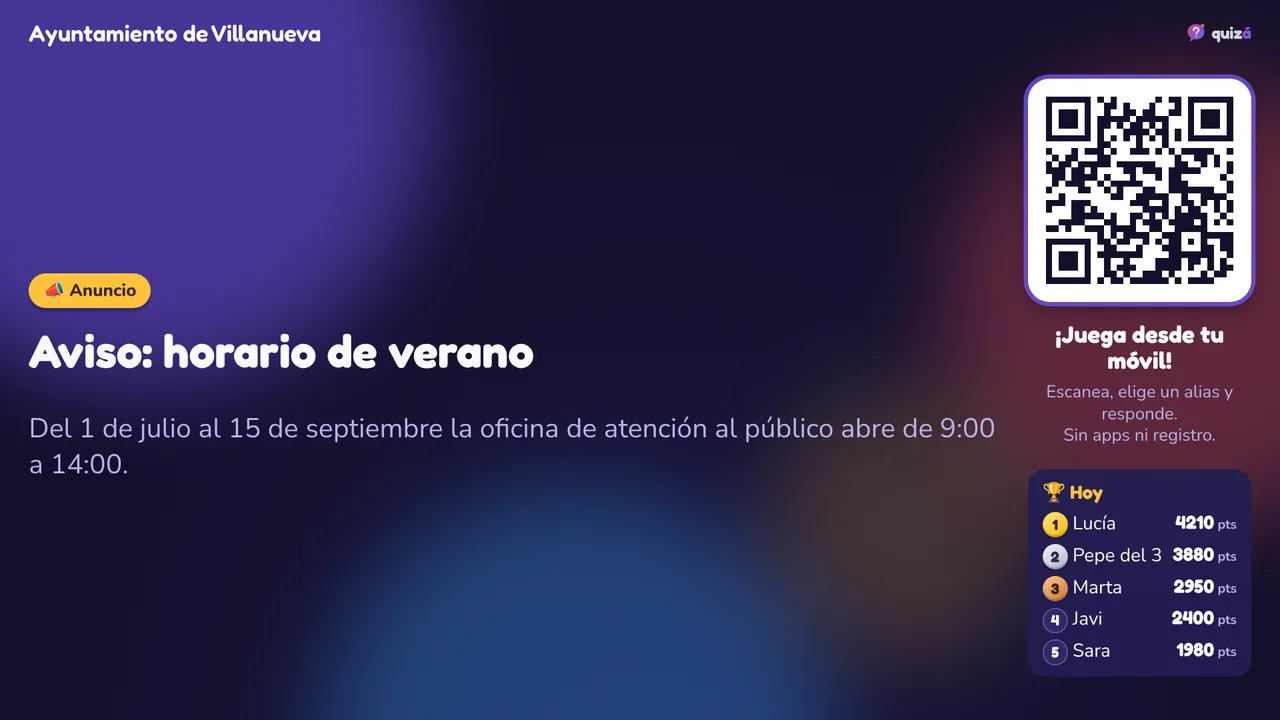 Pantalla de un ayuntamiento con un aviso sobre el horario de verano entre las preguntas, junto al código QR