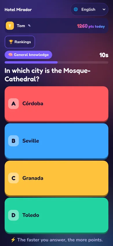 Móvil de un huésped que juega en inglés: la pregunta y las respuestas aparecen traducidas
