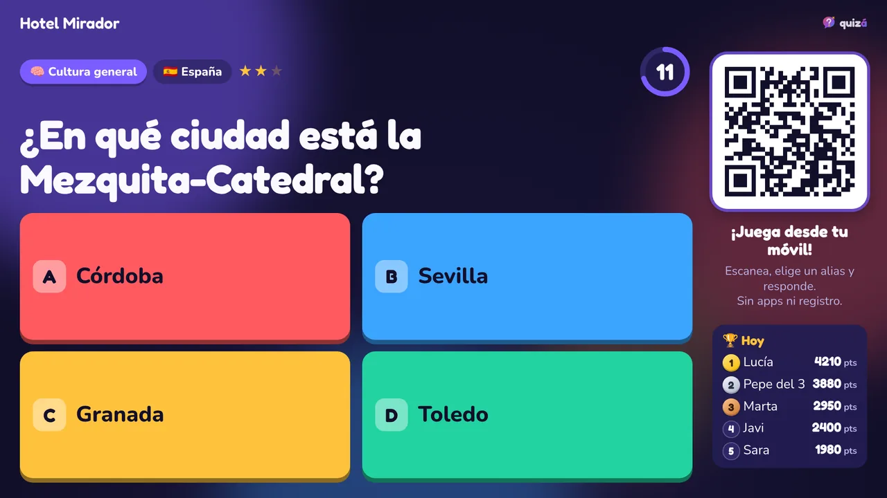 Pantalla de la zona común de un hotel con una pregunta sobre España y el código QR para jugar desde el móvil