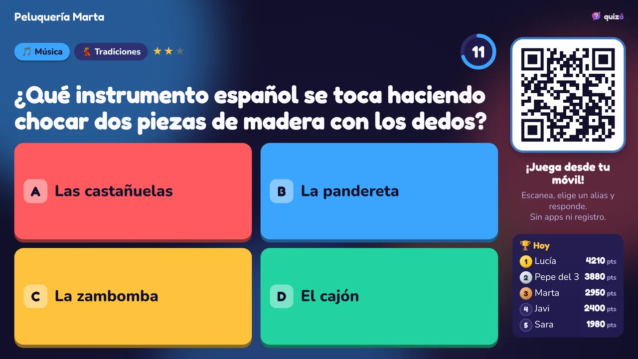 Pantalla de una peluquería con una pregunta de música, el código QR y el ranking del día