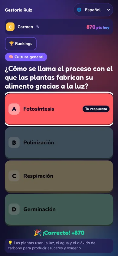 Móvil de una persona en una sala de espera que acaba de acertar una pregunta